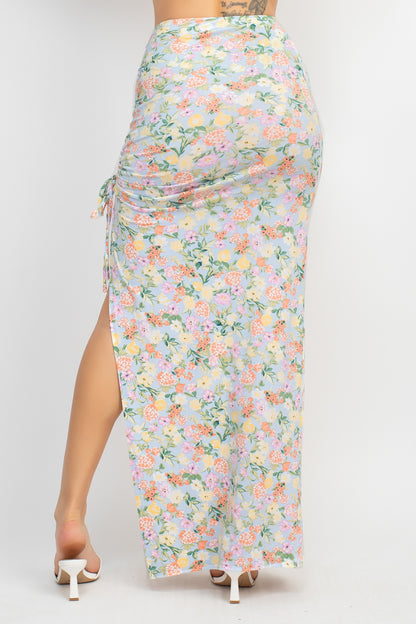 Front Knot Floral Top & Ruched Maxi Skirts Set - Baby Blue