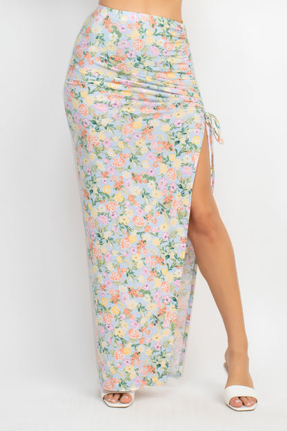 Front Knot Floral Top & Ruched Maxi Skirts Set - Baby Blue