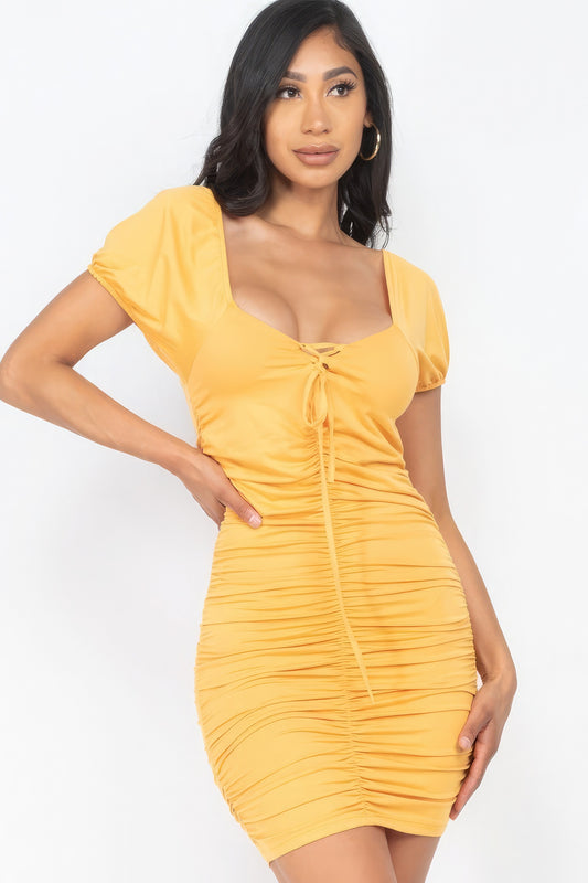 Front Lace Up Ruched Mini Dress - Amber