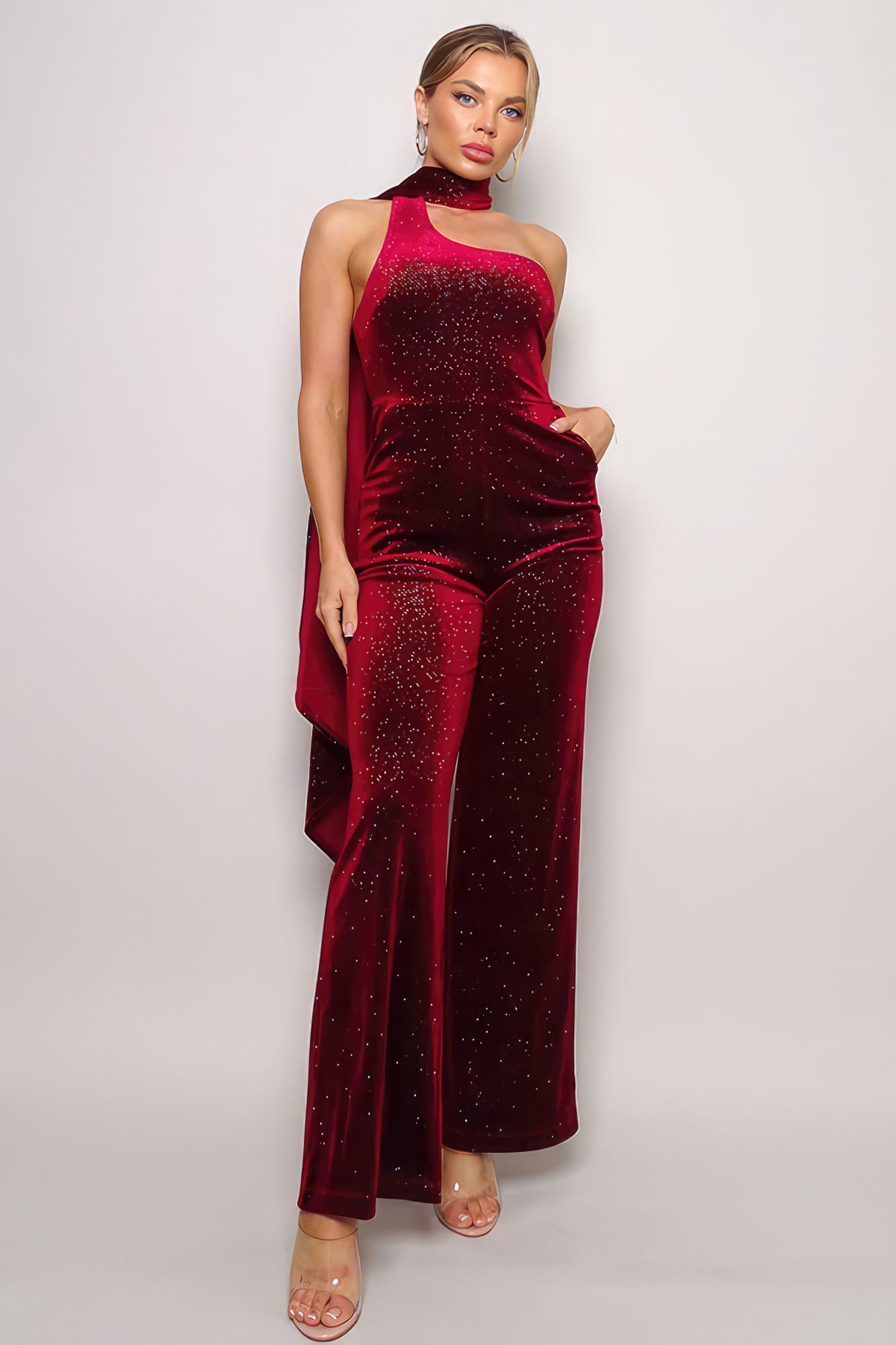 Scarf Top Glitter Velvet Jumpsuit - Burgundy