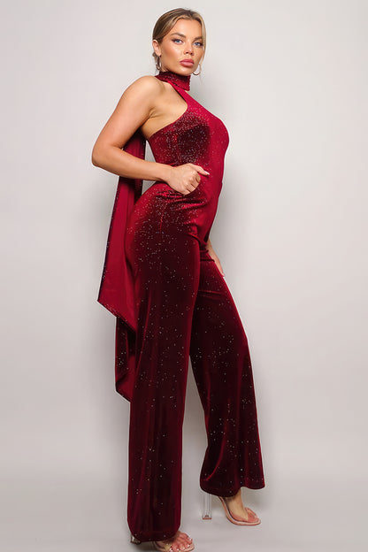 Scarf Top Glitter Velvet Jumpsuit - Burgundy