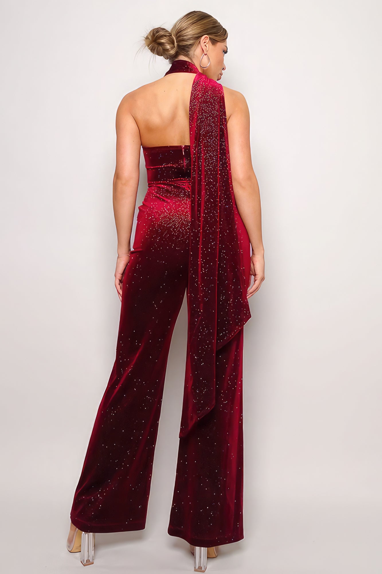 Scarf Top Glitter Velvet Jumpsuit - Burgundy