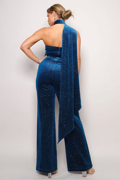 Scarf Top Glitter Velvet Jumpsuit - Deep Teal