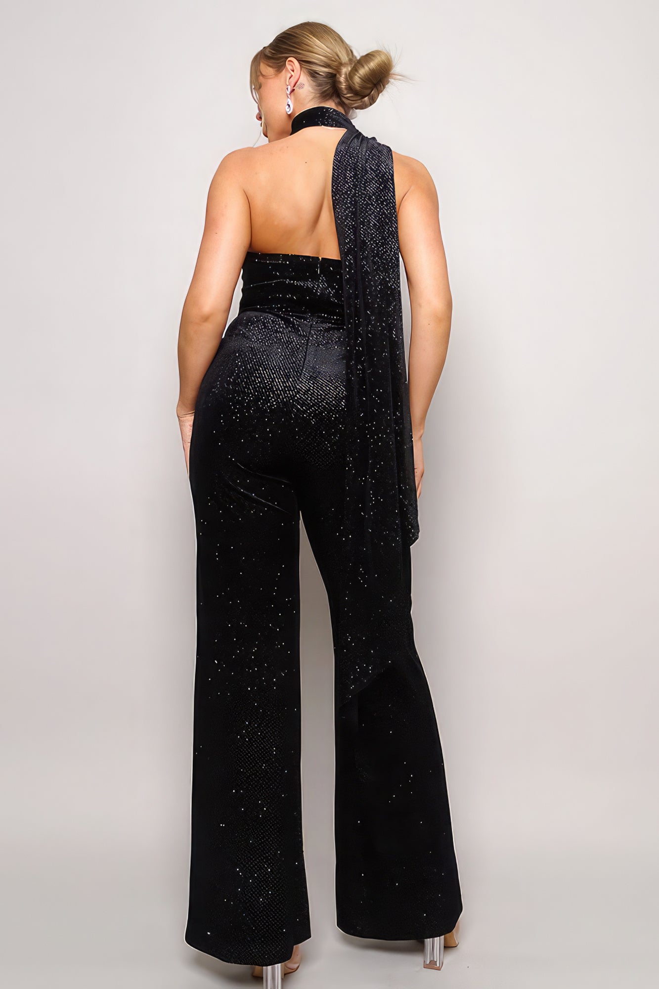 Scarf Top Glitter Velvet Jumpsuit - Black