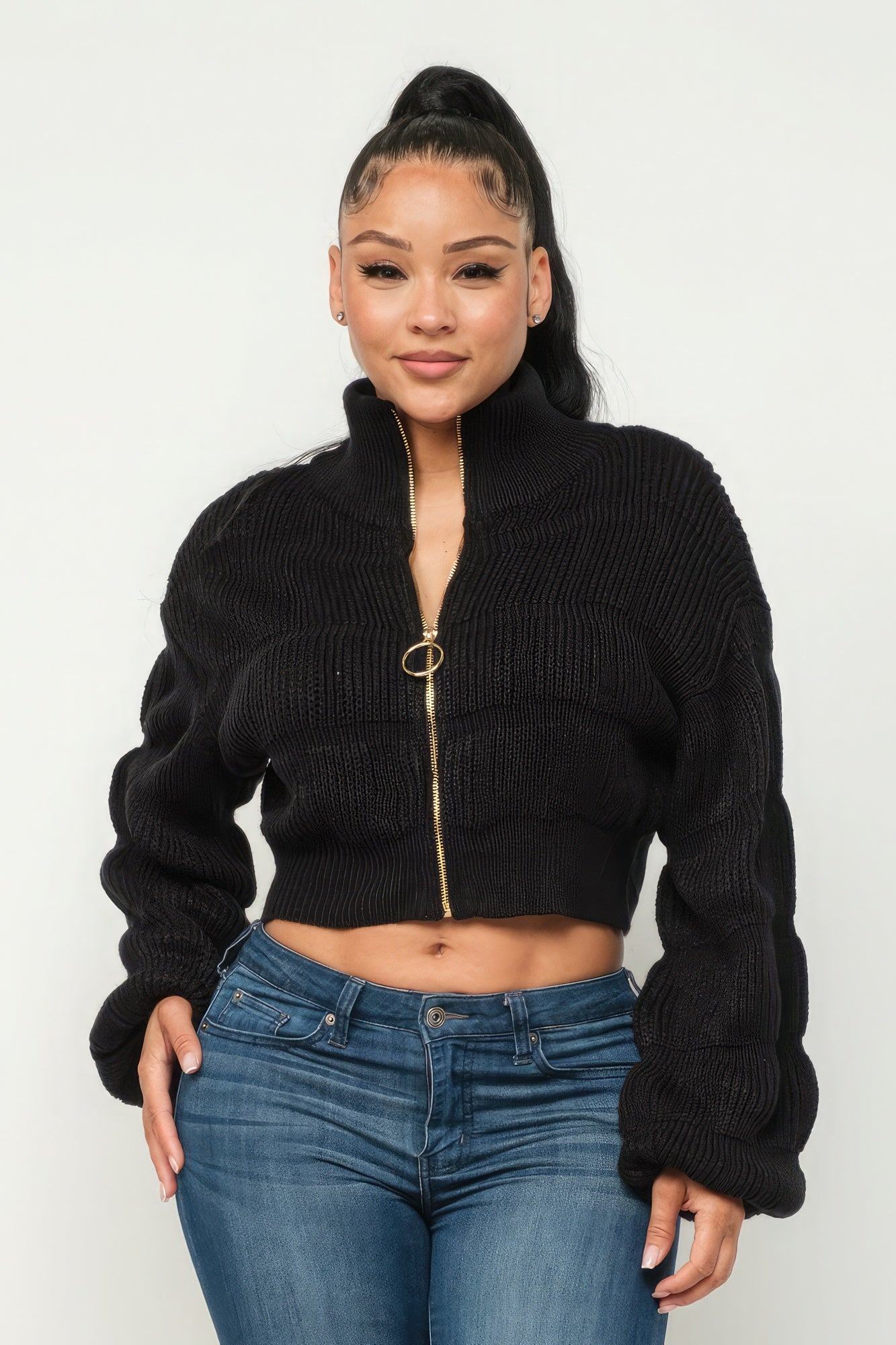 Michelin Sweater Top W/ Front Zipper - Black