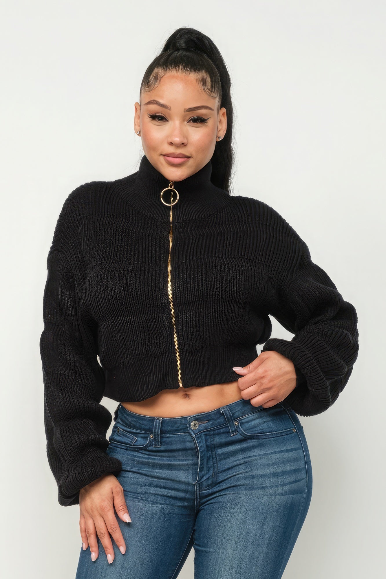 Michelin Sweater Top W/ Front Zipper - Black