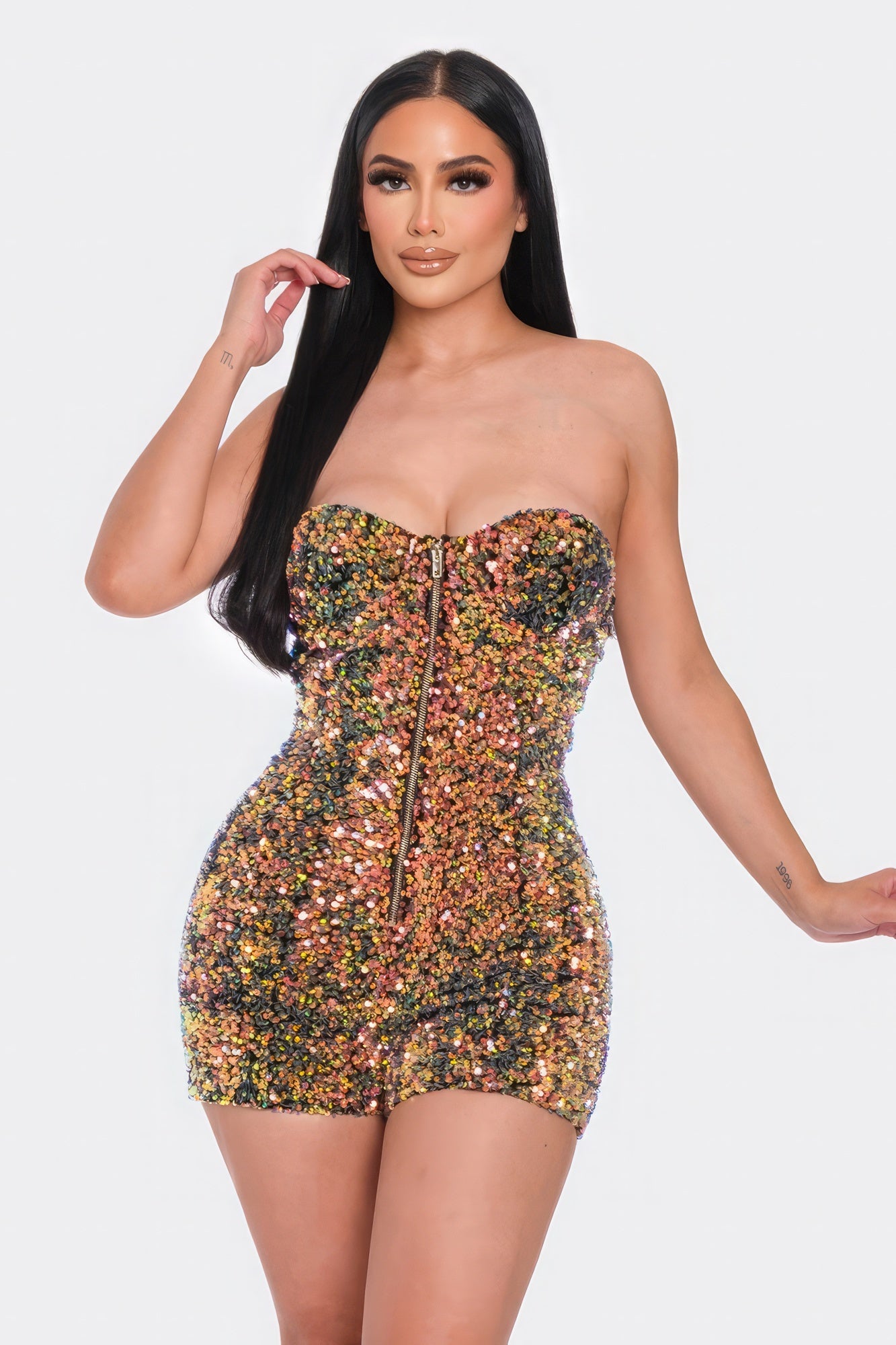 Multi Sequins Tube Top Romper - Black Gold Multi