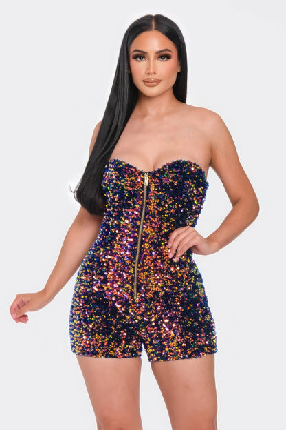 Multi Sequins Tube Top Romper - Pink Black Multi