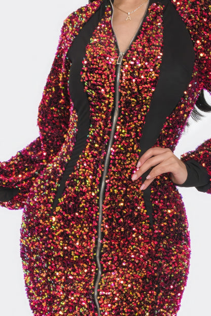 Midi Zip Up Sequin Contrast Dress - Pink Black