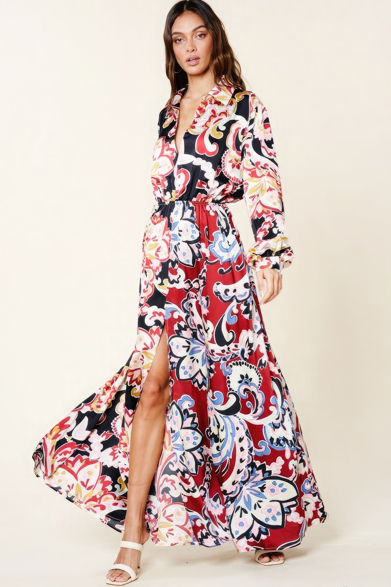 Color Block Printed V Neck Dress - Black Coral