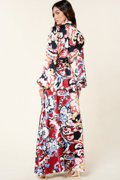 Color Block Printed V Neck Dress - Black Coral