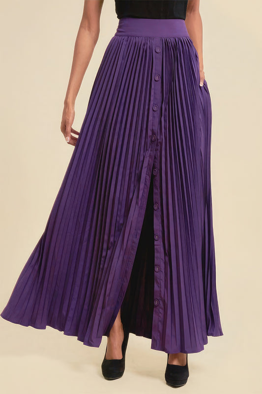 Pleated Skirt With Buttons And Pockets - Purple