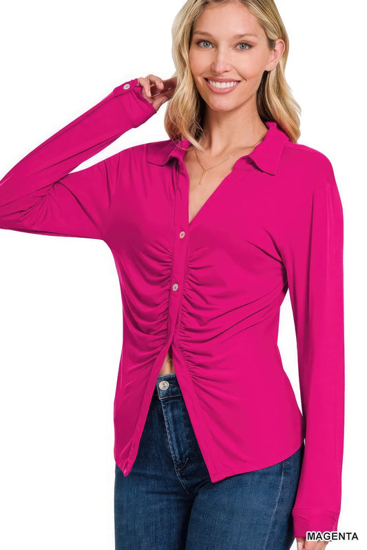 Stretchy Ruche Button Down Shirt - Pink