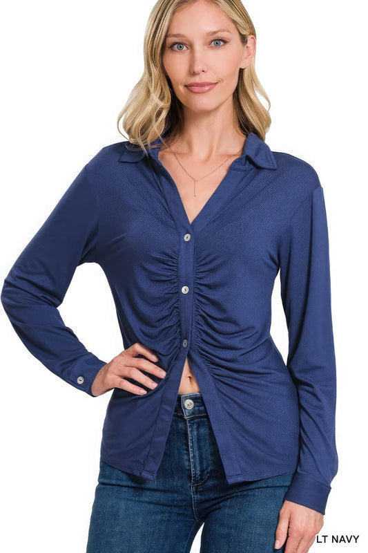 Stretchy Ruche Button Down Shirt - Countryside Blue