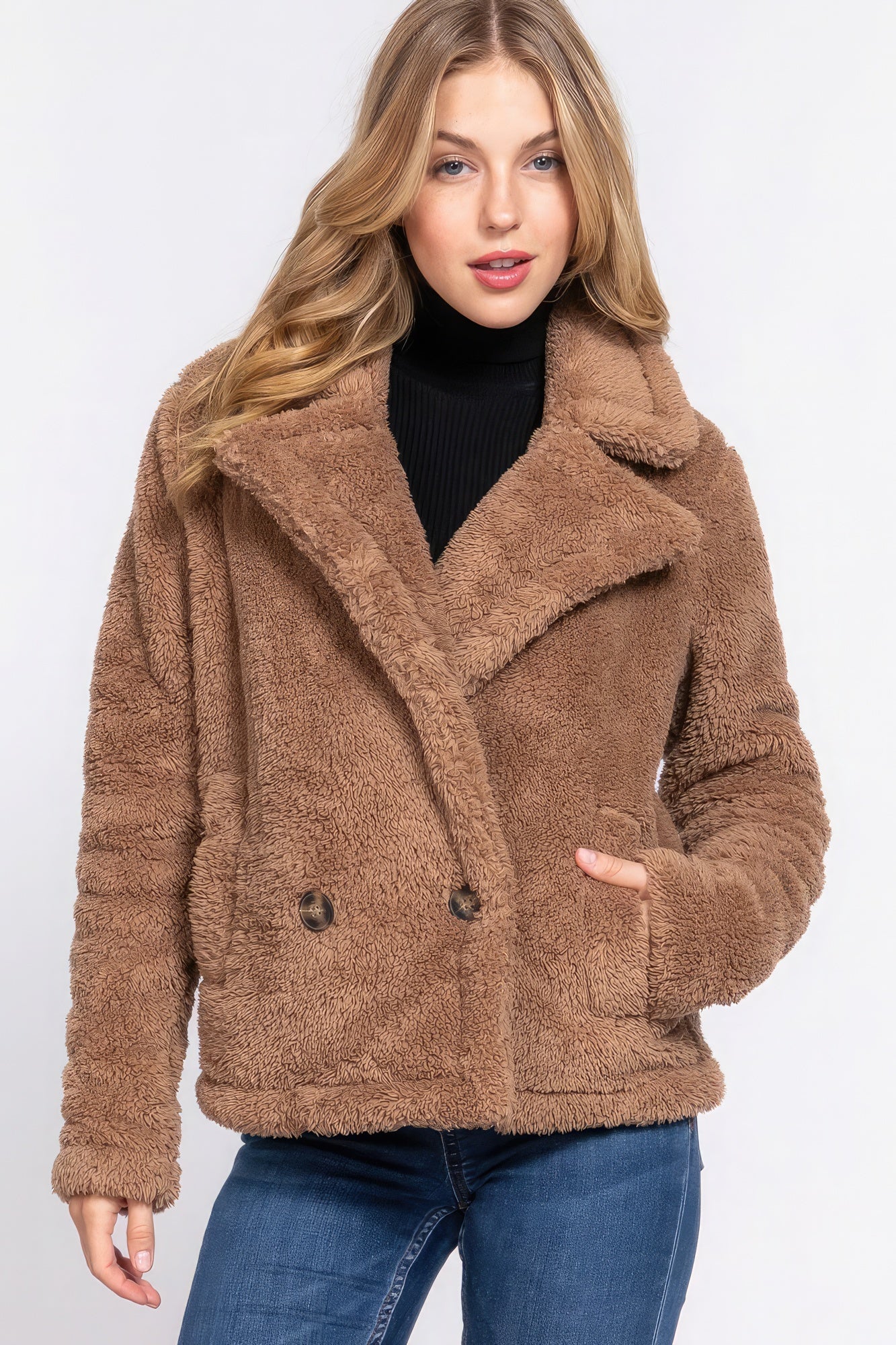 Faux Fur Sherpa Jacket - Camel