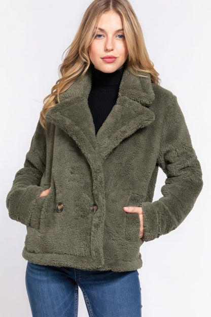 Faux Fur Sherpa Jacket - Olive