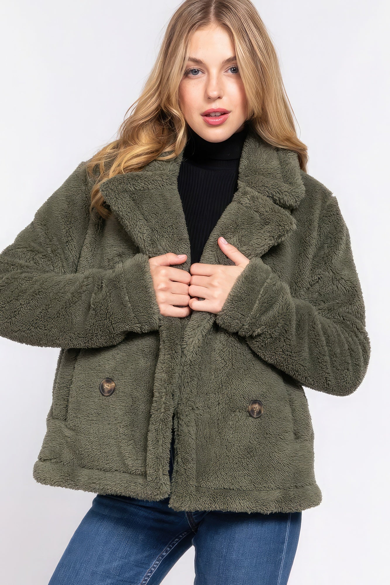 Faux Fur Sherpa Jacket - Olive