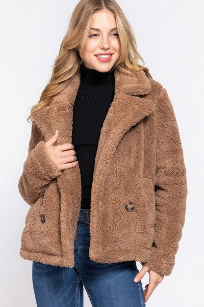 Faux Fur Sherpa Jacket - Camel