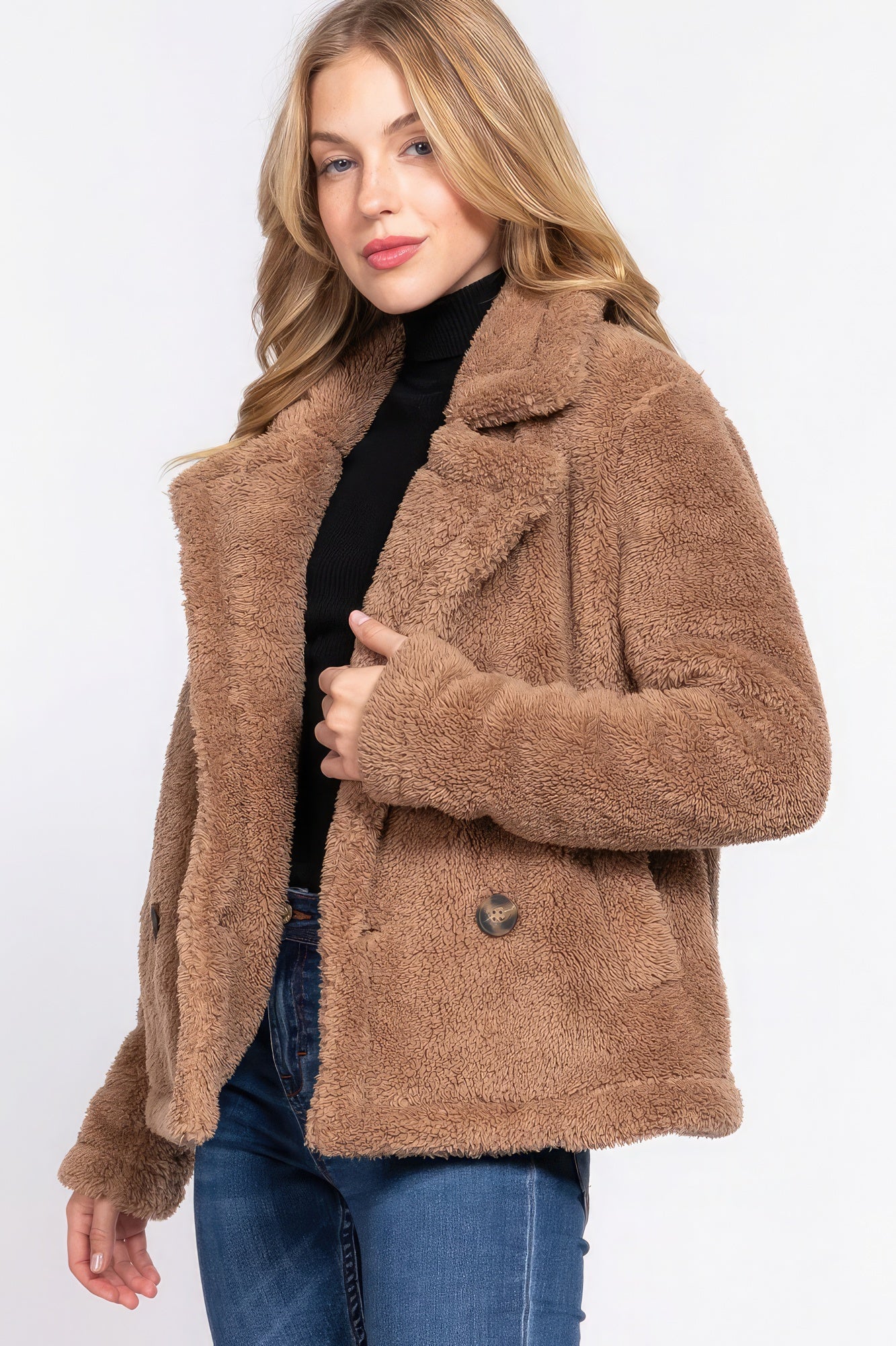 Faux Fur Sherpa Jacket - Camel