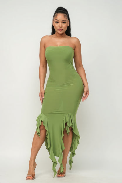 Solid Bottom Ruffle Trim Hem Slit Tube Maxi Dress - Green