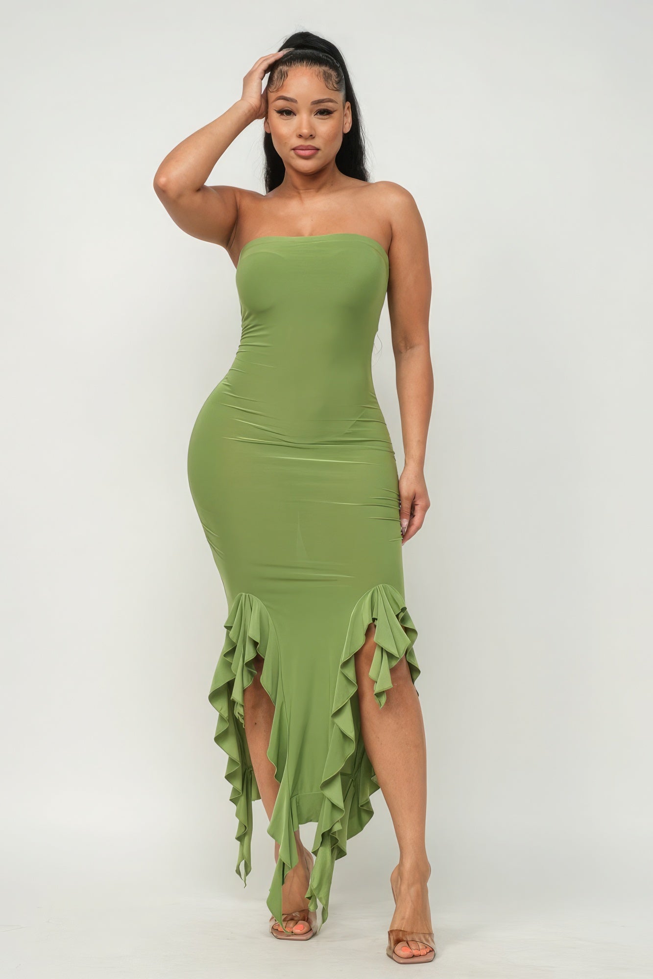 Solid Bottom Ruffle Trim Hem Slit Tube Maxi Dress - Green