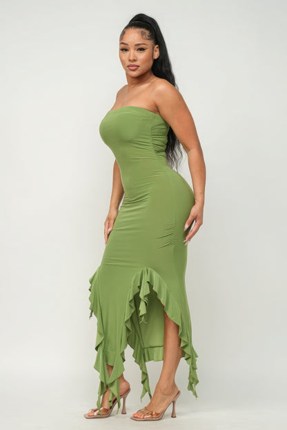 Solid Bottom Ruffle Trim Hem Slit Tube Maxi Dress - Green