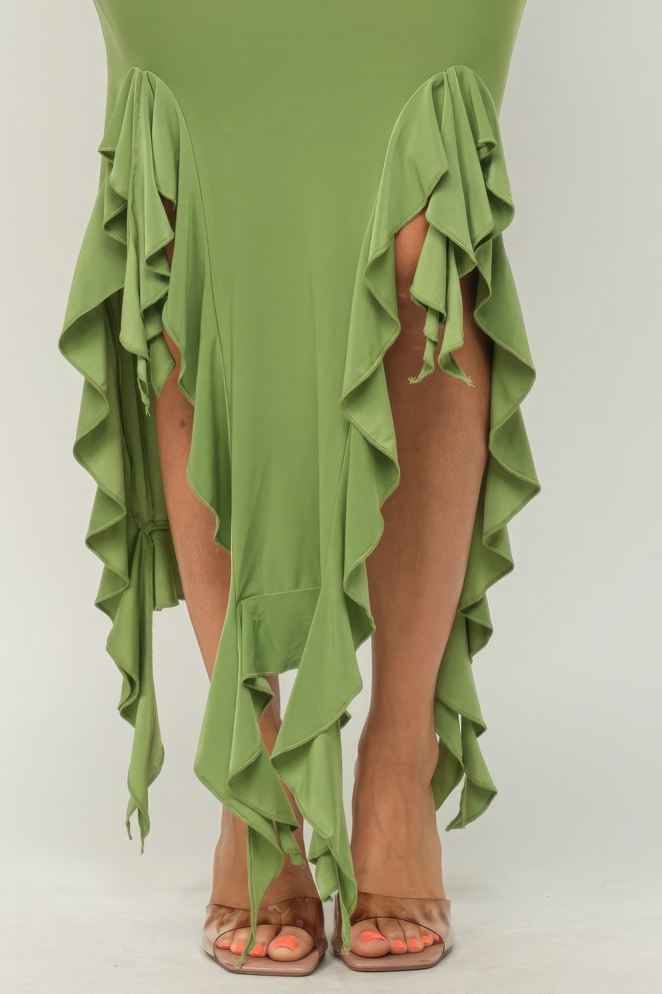 Solid Bottom Ruffle Trim Hem Slit Tube Maxi Dress - Green