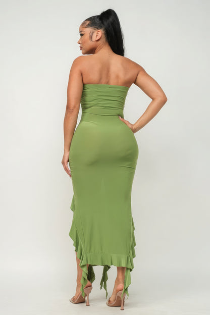 Solid Bottom Ruffle Trim Hem Slit Tube Maxi Dress - Green