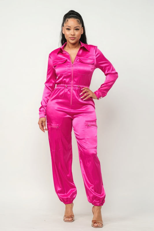 Front Zipper Pockets Top And Pants Jumpsuit - Hot Pink Satin
