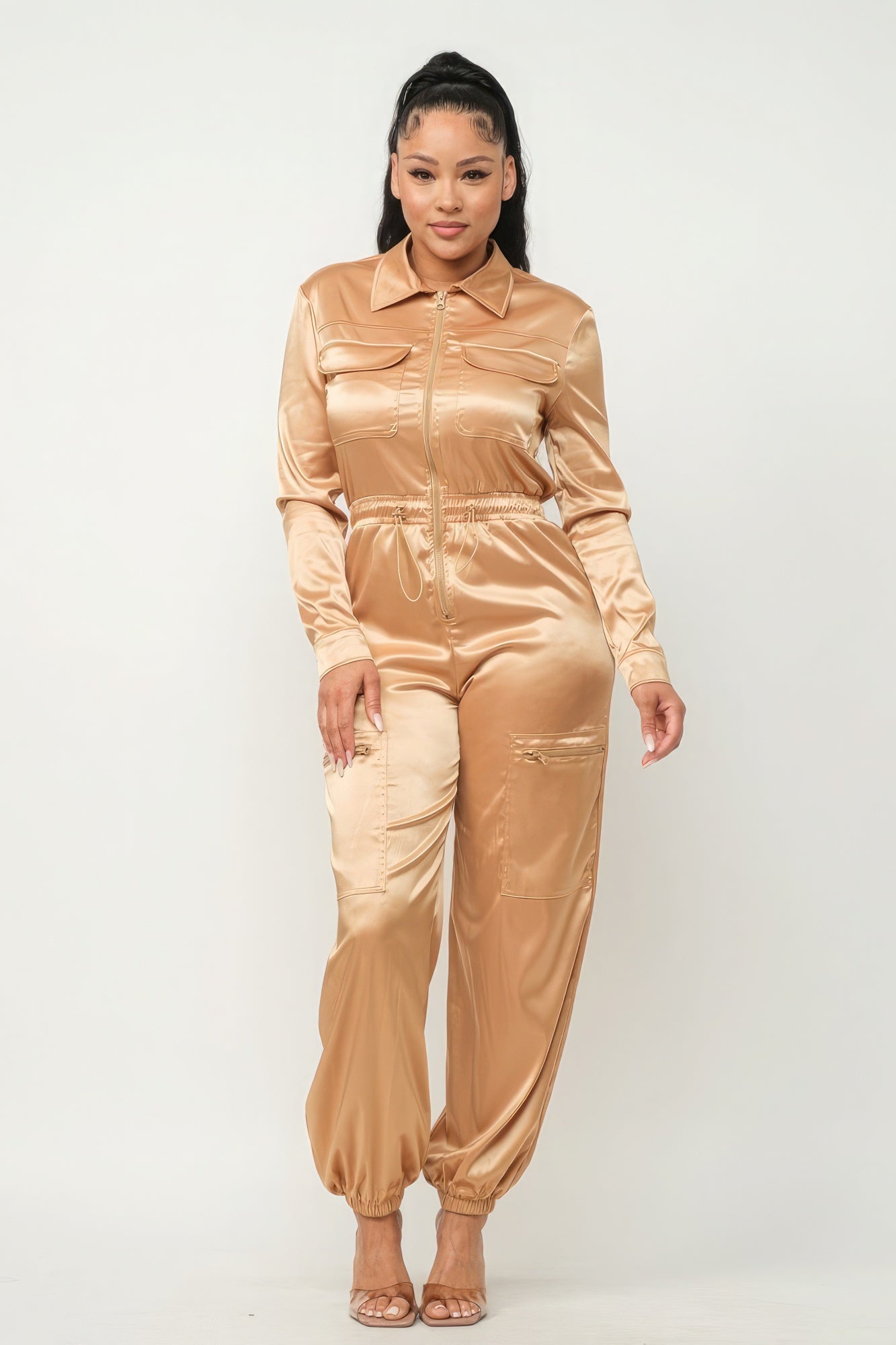 Front Zipper Pockets Top And Pants Jumpsuit - Gold Satin