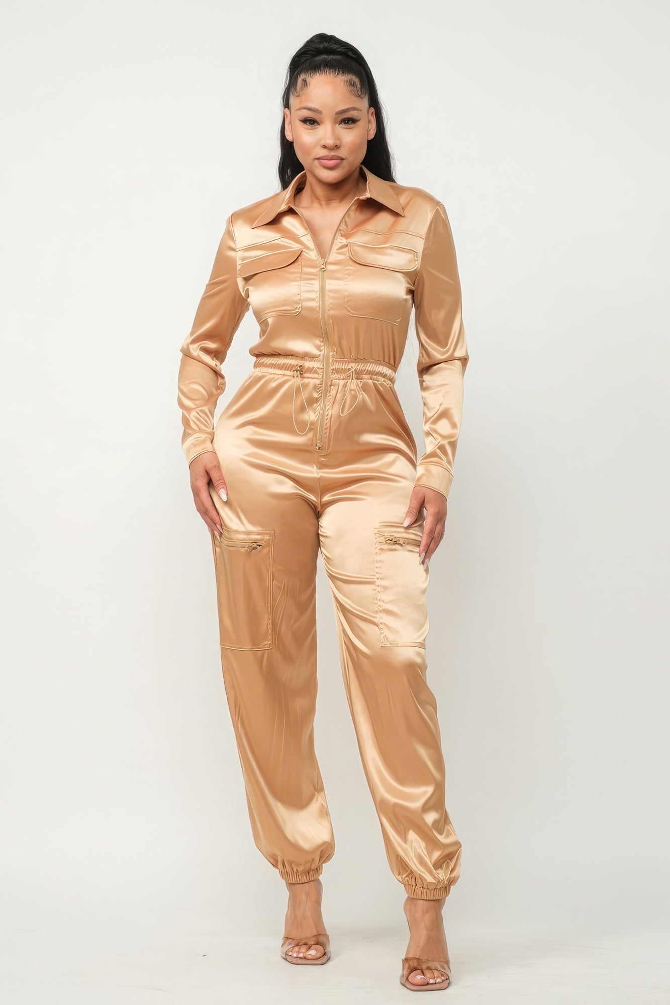 Front Zipper Pockets Top And Pants Jumpsuit - Gold Satin