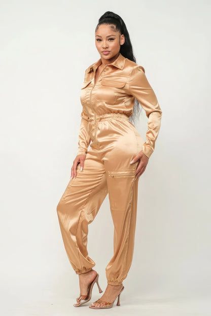 Front Zipper Pockets Top And Pants Jumpsuit - Gold Satin