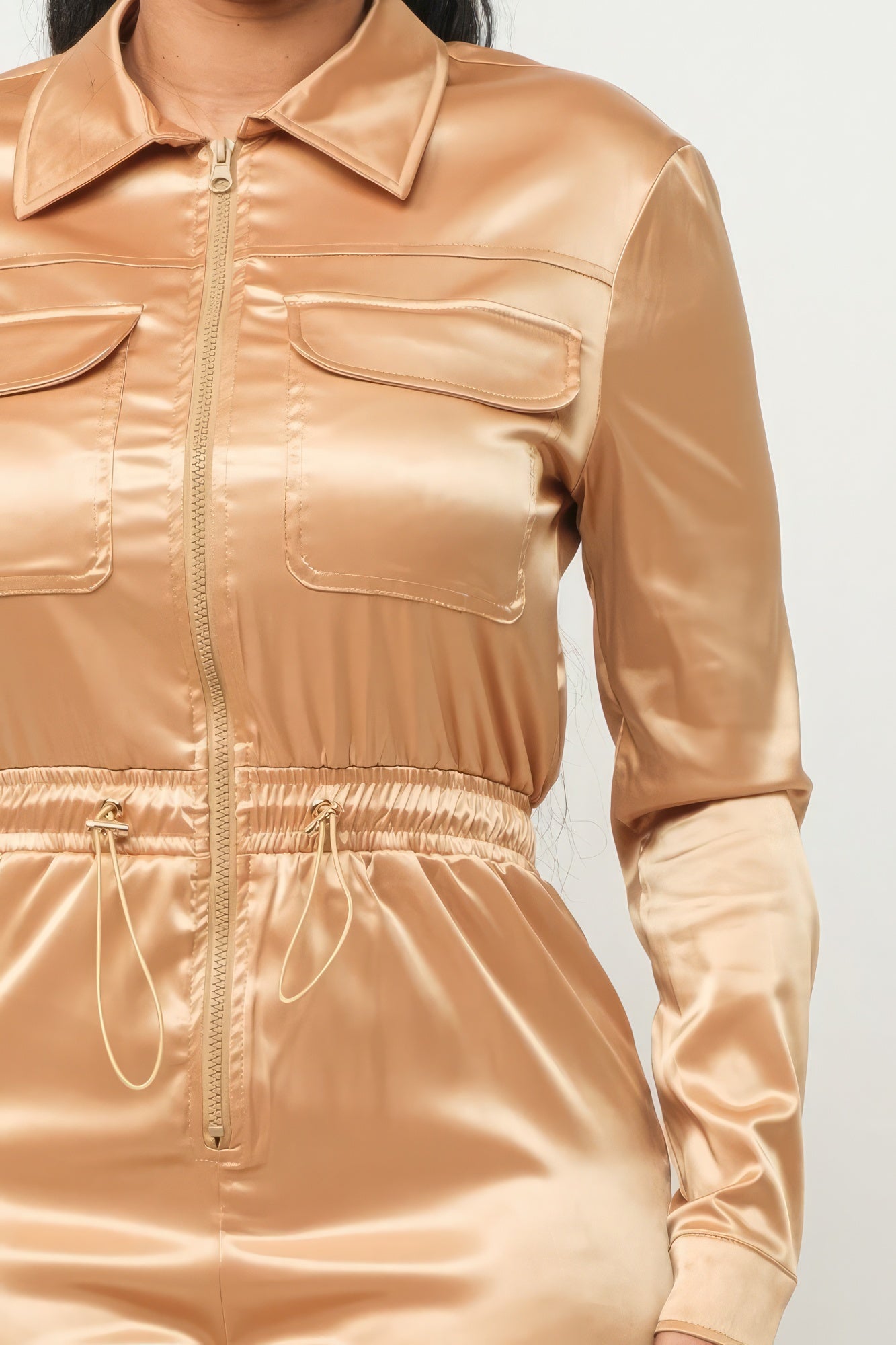 Front Zipper Pockets Top And Pants Jumpsuit - Gold Satin