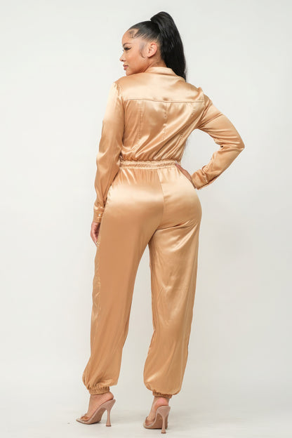 Front Zipper Pockets Top And Pants Jumpsuit - Gold Satin