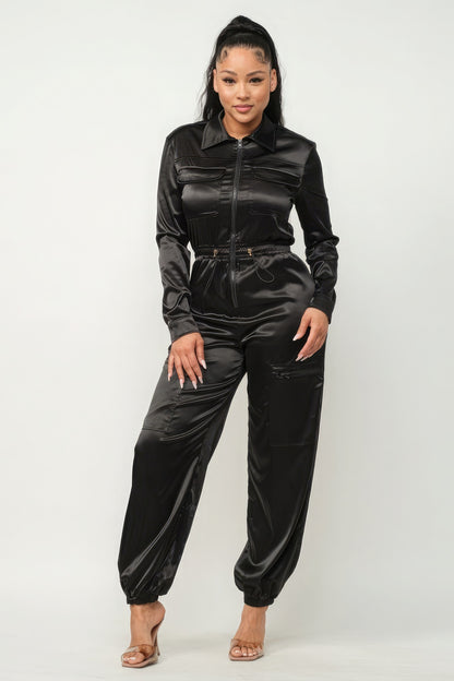 Front Zipper Pockets Top And Pants Jumpsuit - Black Satin