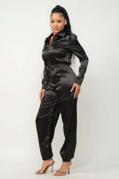 Front Zipper Pockets Top And Pants Jumpsuit - Black Satin