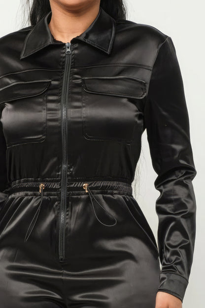 Front Zipper Pockets Top And Pants Jumpsuit - Black Satin