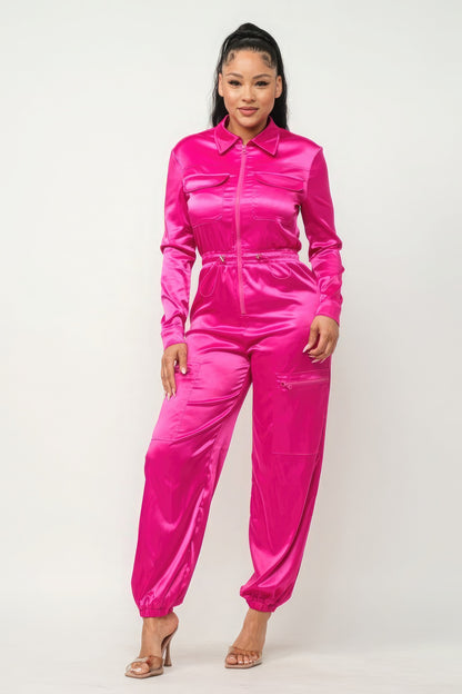 Front Zipper Pockets Top And Pants Jumpsuit - Hot Pink Satin