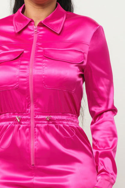 Front Zipper Pockets Top And Pants Jumpsuit - Hot Pink Satin