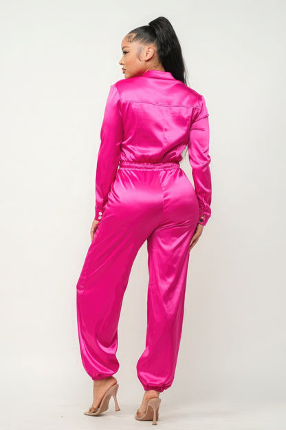 Front Zipper Pockets Top And Pants Jumpsuit - Hot Pink Satin