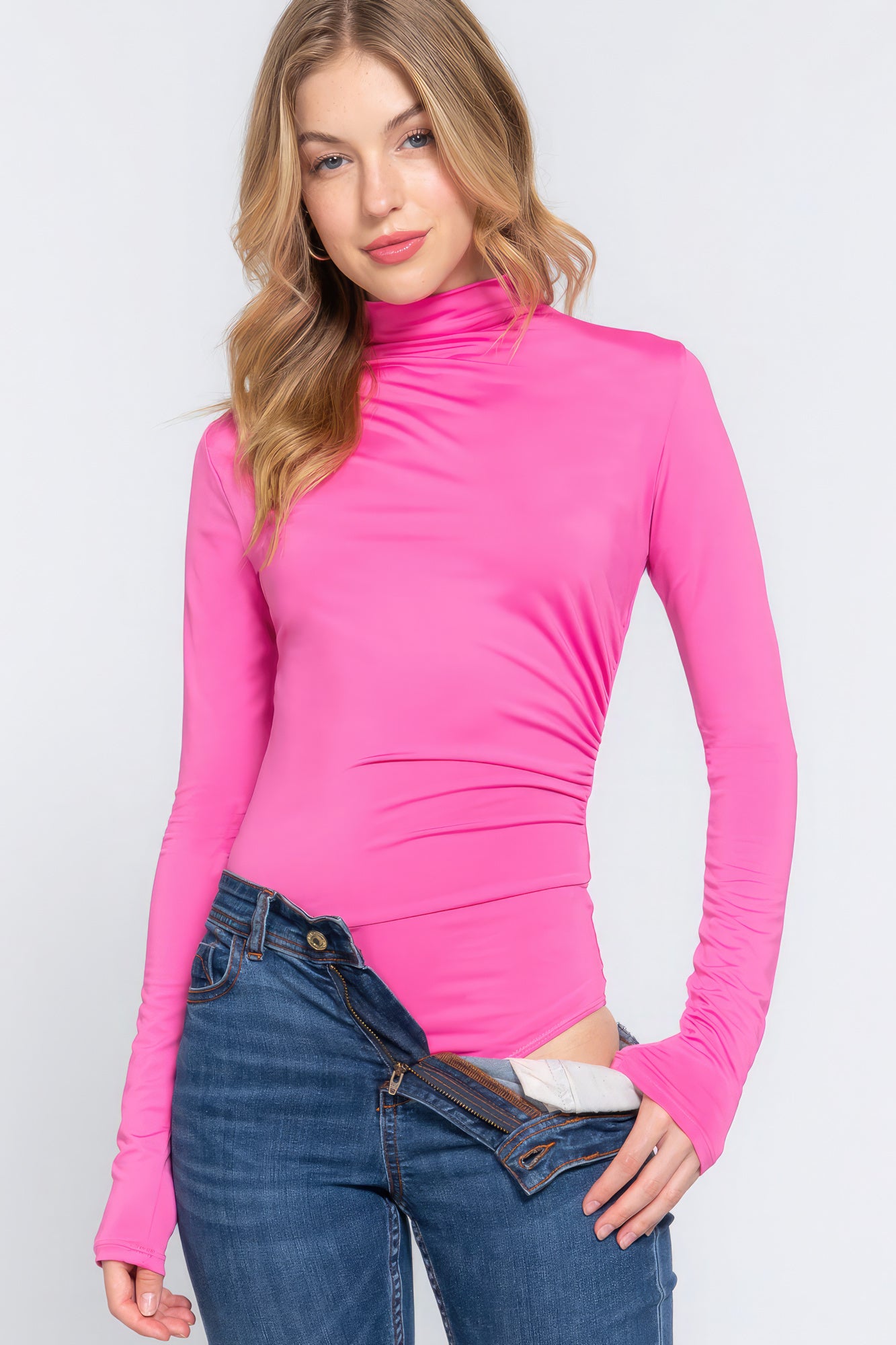 Long Sleeve High Neck Shirring Detail Knit Bodysuit - Hot Pink