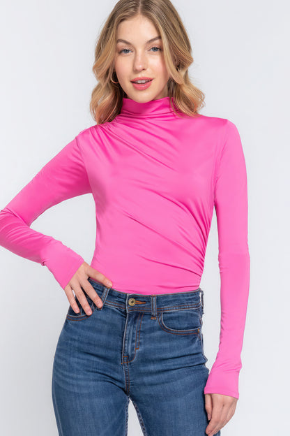 Long Sleeve High Neck Shirring Detail Knit Bodysuit - Hot Pink