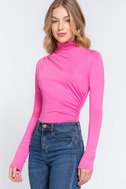 Long Sleeve High Neck Shirring Detail Knit Bodysuit - Hot Pink