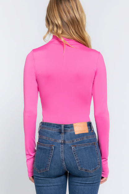 Long Sleeve High Neck Shirring Detail Knit Bodysuit - Hot Pink