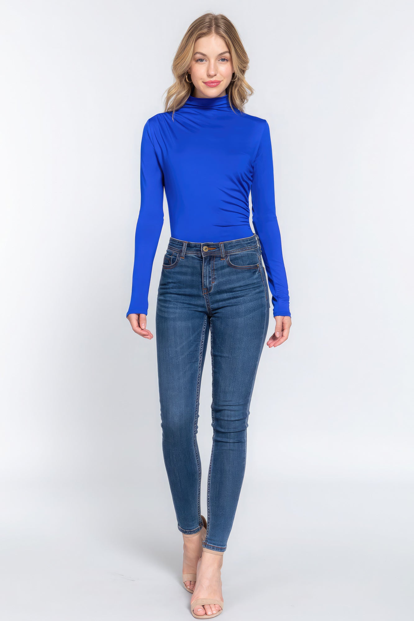 Long Sleeve High Neck Shirring Detail Knit Bodysuit - Electric Blue