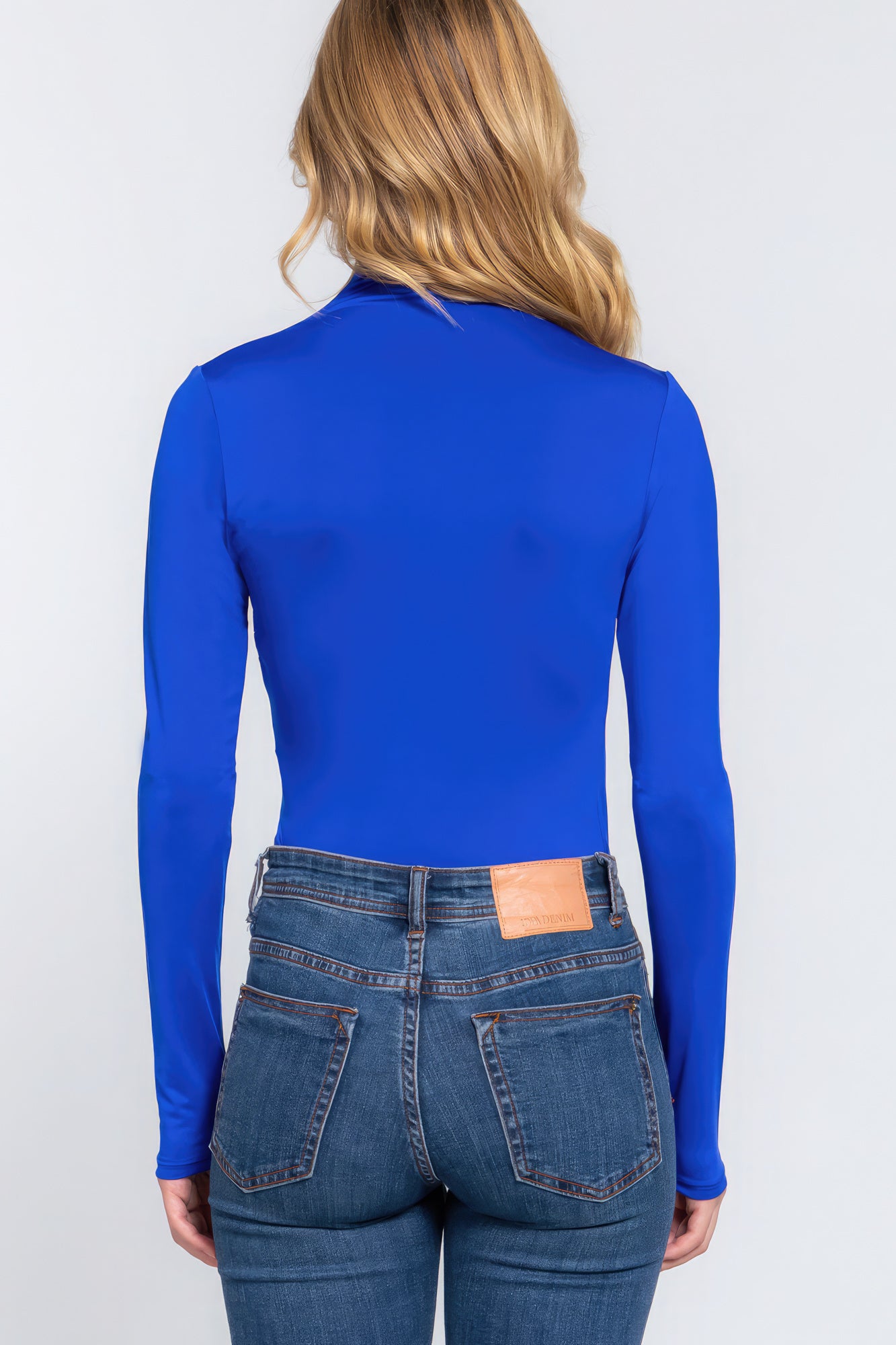 Long Sleeve High Neck Shirring Detail Knit Bodysuit - Electric Blue