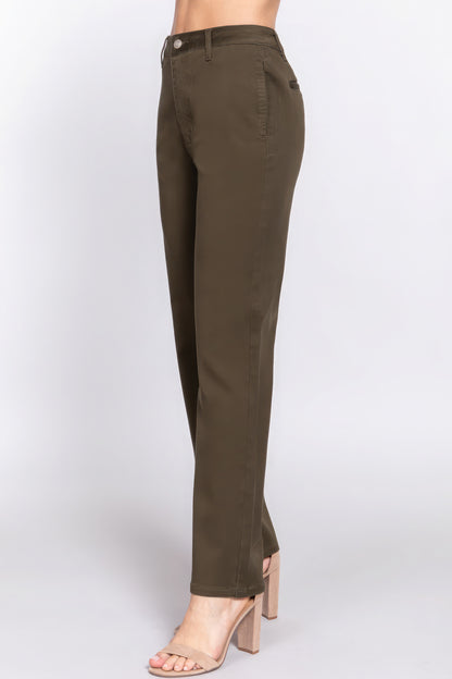 Cotton Straight Fit Twill Long Pants - Olive