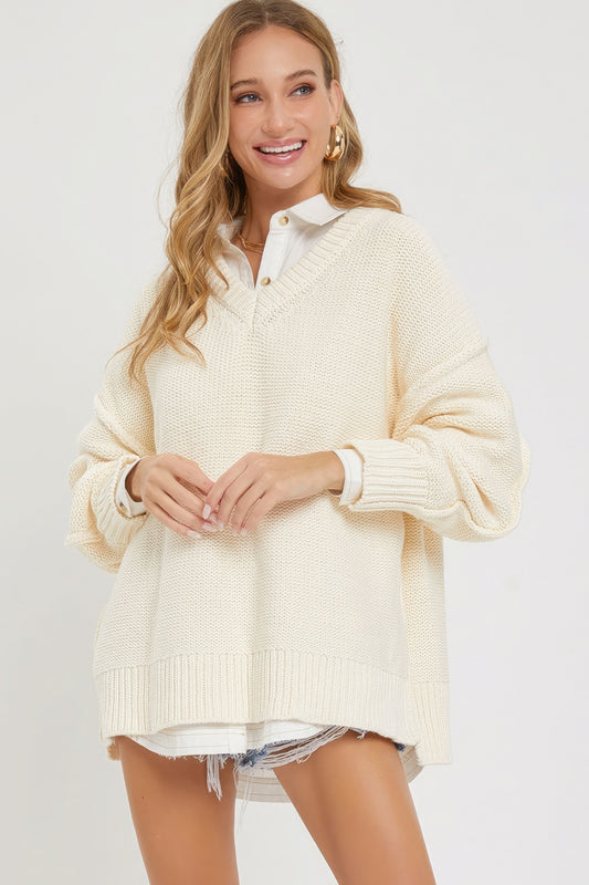 V Neck Oversized Sweater - Cream