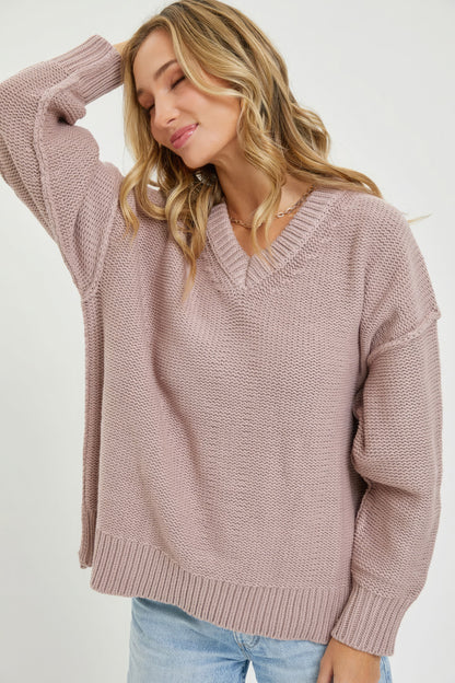 V Neck Oversized Sweater - Mauve