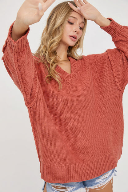 V Neck Oversized Sweater - Marsala